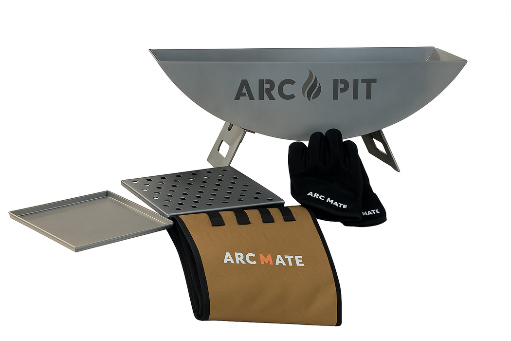 ArcPit -BÜNDEL- Feuerschale bis 300mm inkl. Grill Platte inkl. Grill Rost inkl. Brennstoffplatte inkl. Grill Zubehörtasche inkl. Hitzebeständige Handschuhe