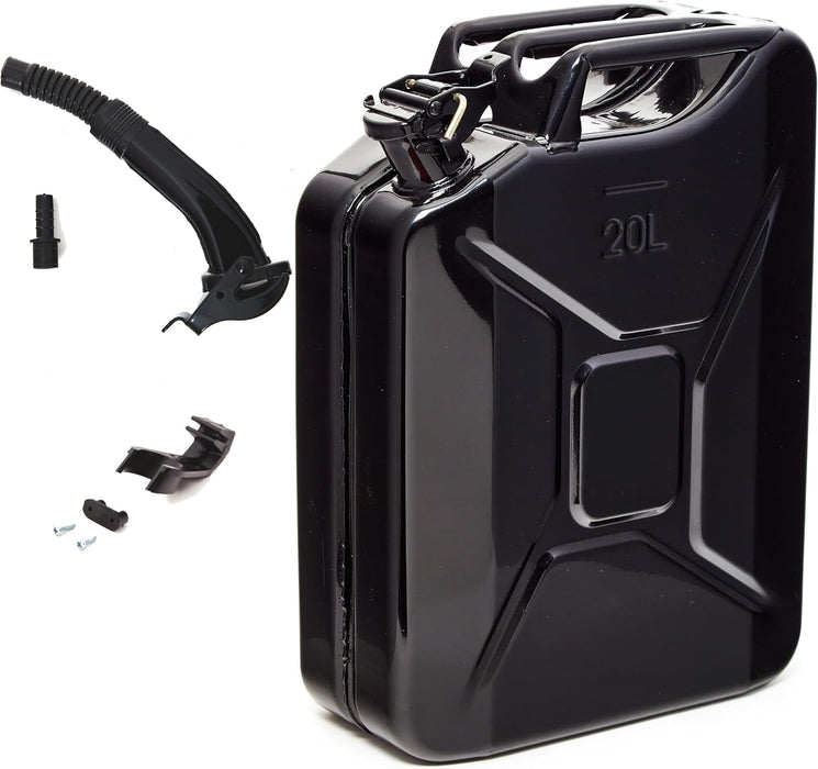 Kraftstoffkanister Metall Benzinkanister 20 Liter mit Ausgießer - Schwarz - RAL 9005 - TÜV-geprüft und UN-Zulassung - Made in Europe